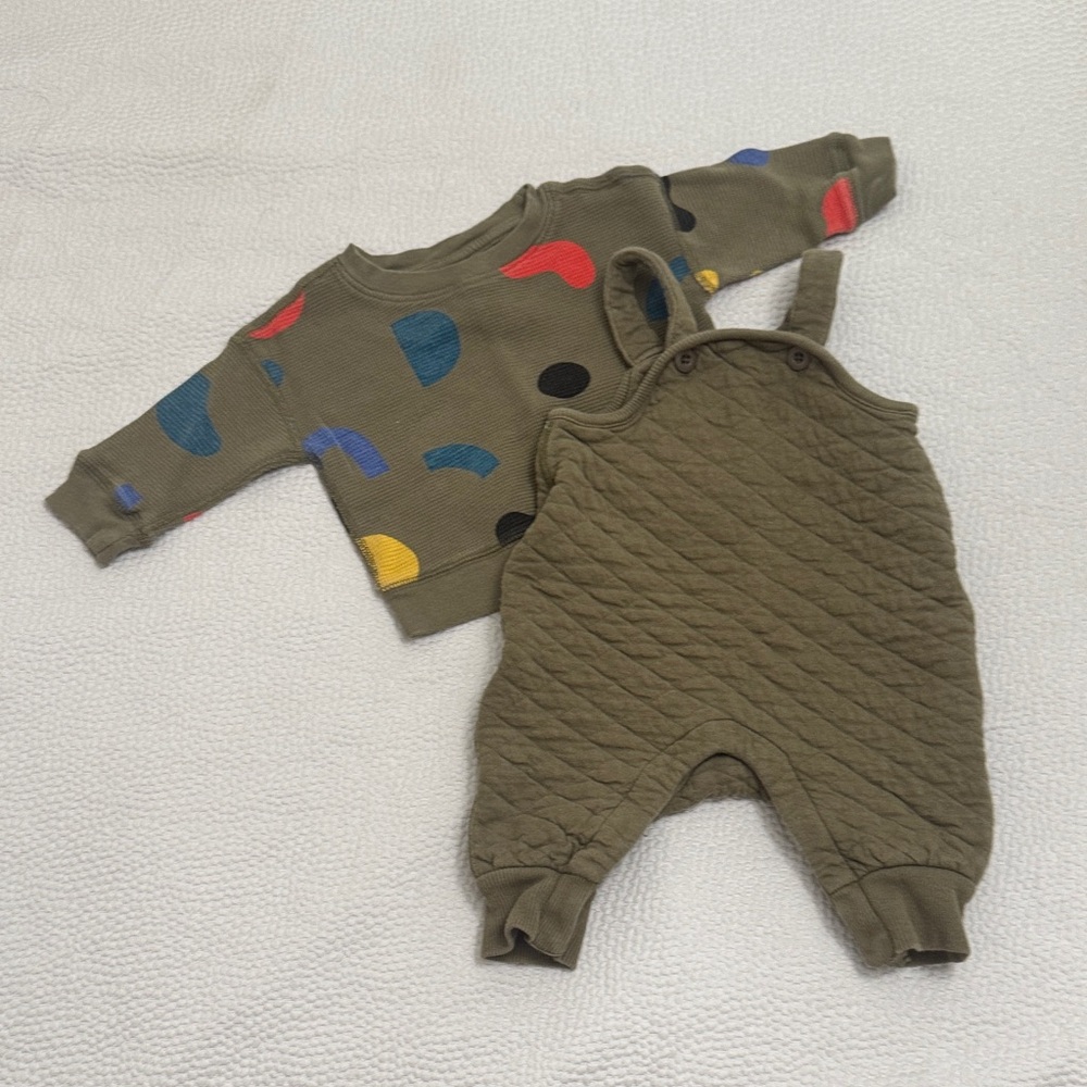 Hanna Andersson Olive Quilted Overalls with Colorful Patterned Pullover